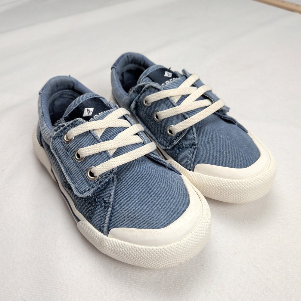 Sperry Striper II Ltt Retro Jr Blue Denim Fabric Sneakers Toddler 7M STL261099 - Picture 1 of 11